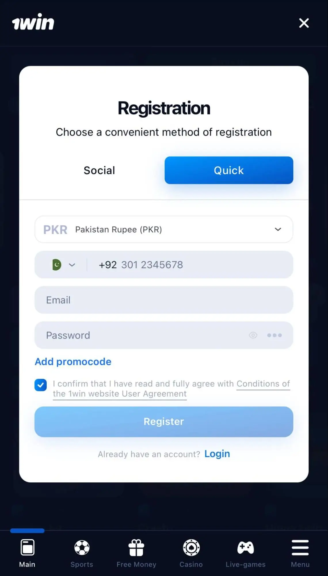 1win app registration